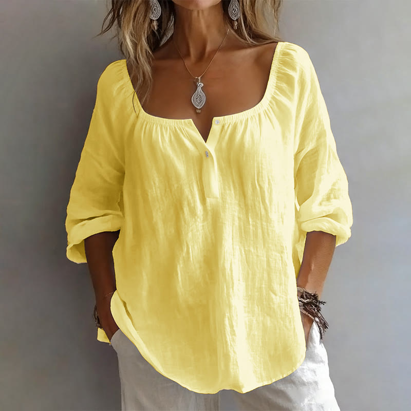 Casual Solid Half-placket Long Sleeve Blouse - Yellow - 3XL - image 2
