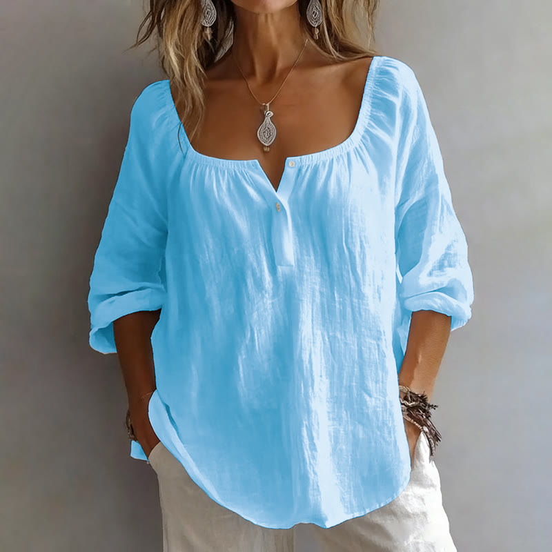 Casual Solid Half-placket Long Sleeve Blouse - Sky Blue - 3XL - image 1