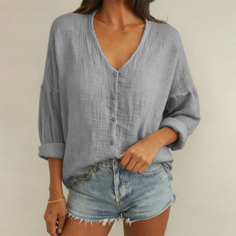 Solid Casual V-neck Long Sleeve Blouse - Grey - 3XL - image 2