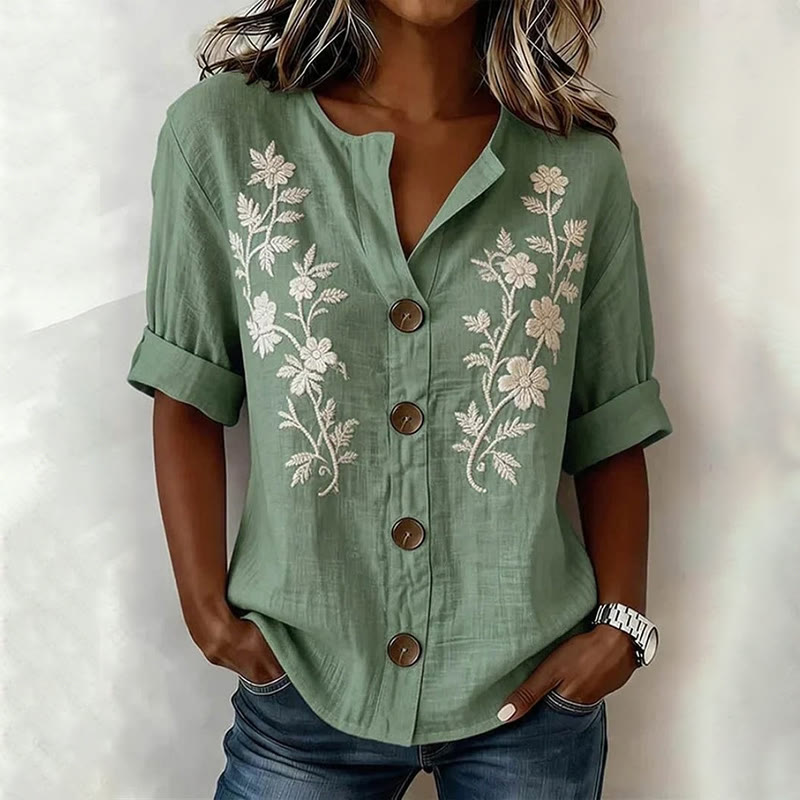 Floral V-neck Button-up Long Sleeve Blouse - Green - 2XL - image 2