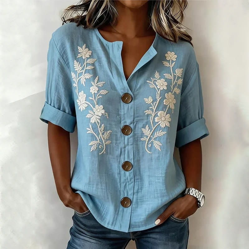 Floral V-neck Button-up Long Sleeve Blouse - Light Blue - 2XL - image 1