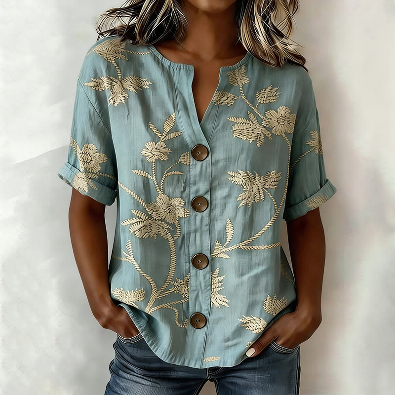 Boho Floral V-neck Button-up Long Sleeve Blouse - Green - 2XL - image 1