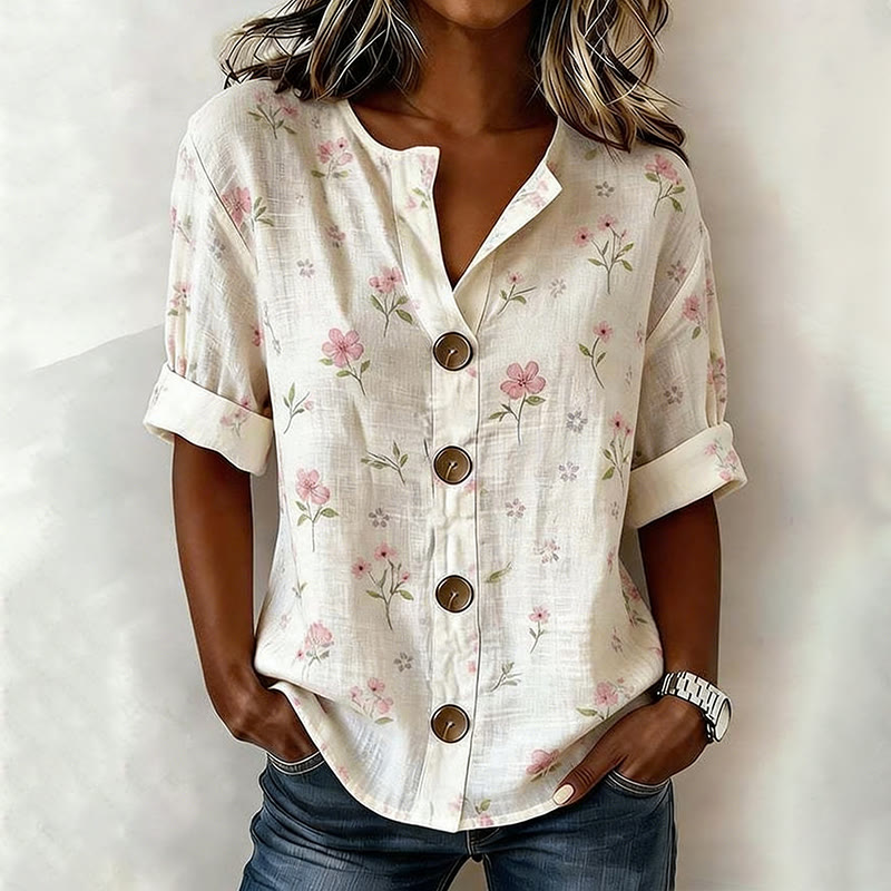 Pink Floral V-neck Button-up Long Sleeve Blouse - Apricot - 2XL - image 1