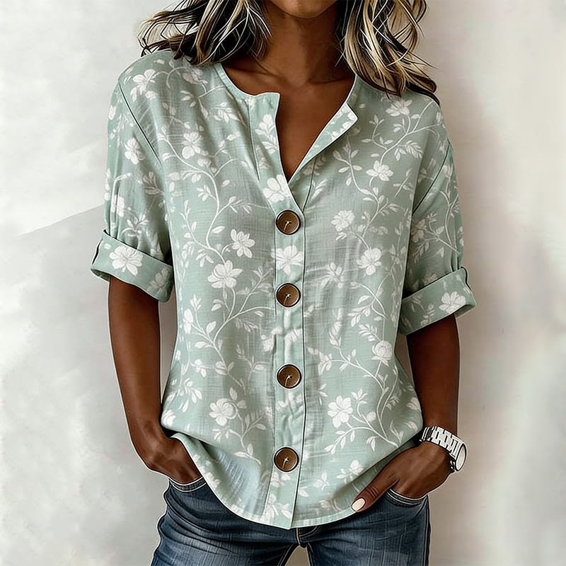 Women Boho Floral V-neck Button-up Long Sleeve Blouse - Green - 2XL - image 1