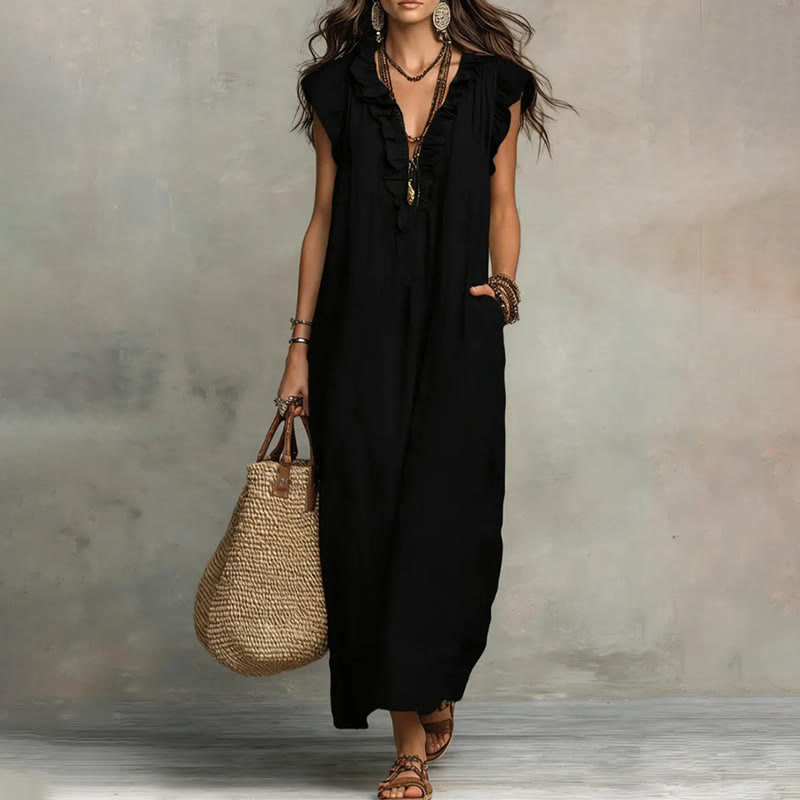 Women's Solid V-neck Sleeveless Ruffled Maxi Dress - Black - 2XL - image 2