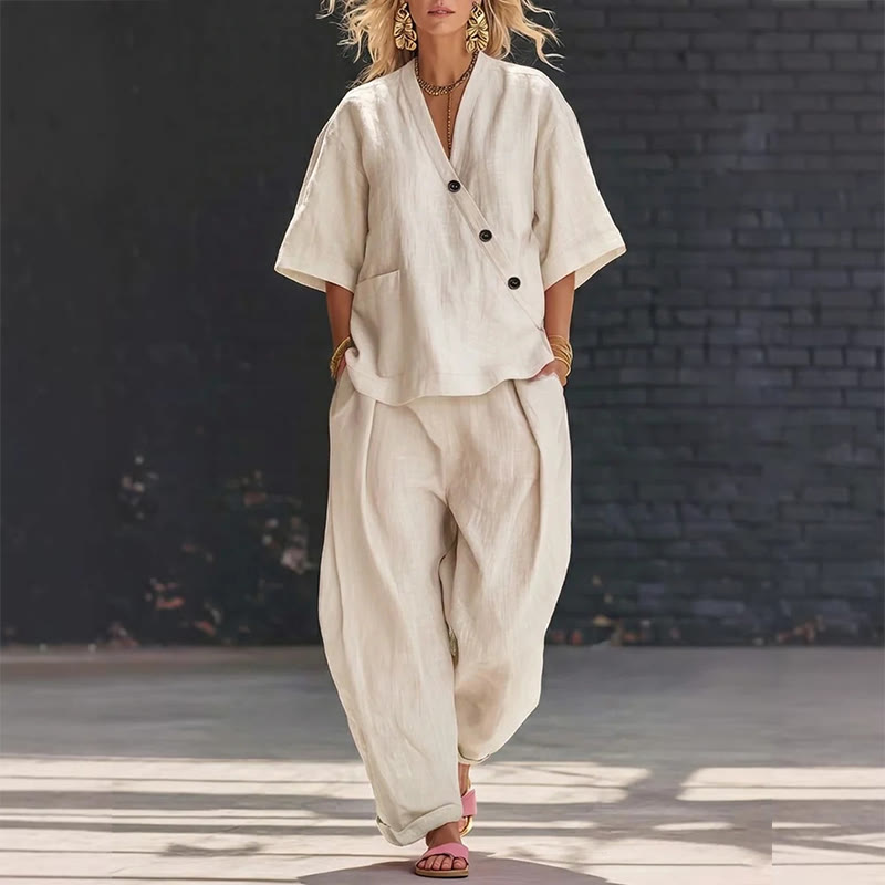 Cozy Solid Loose-fitting 3/4 Sleeve Blouse&wide-leg Pants Set - Beige - 5XL - image 1