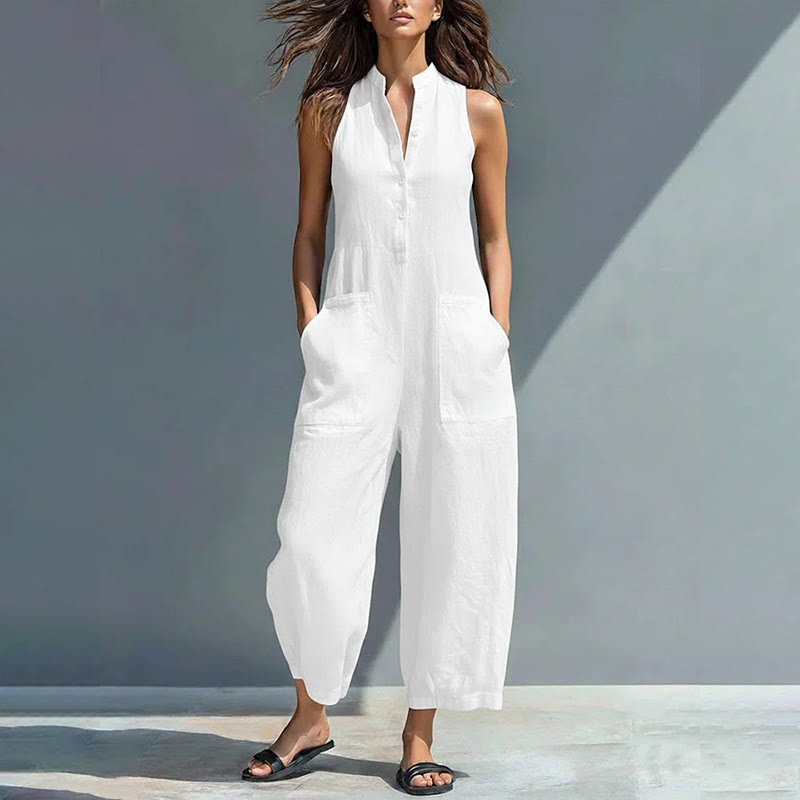 Women's Casual V-neck Sleeveless Jumpsuit With Pockets - White - 2XL - image 2