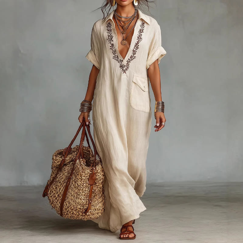 Elegant Solid Embroidered V-neck Pocket Lapel Short-sleeve Maxi Dress - Apricot - 3XL - image 1