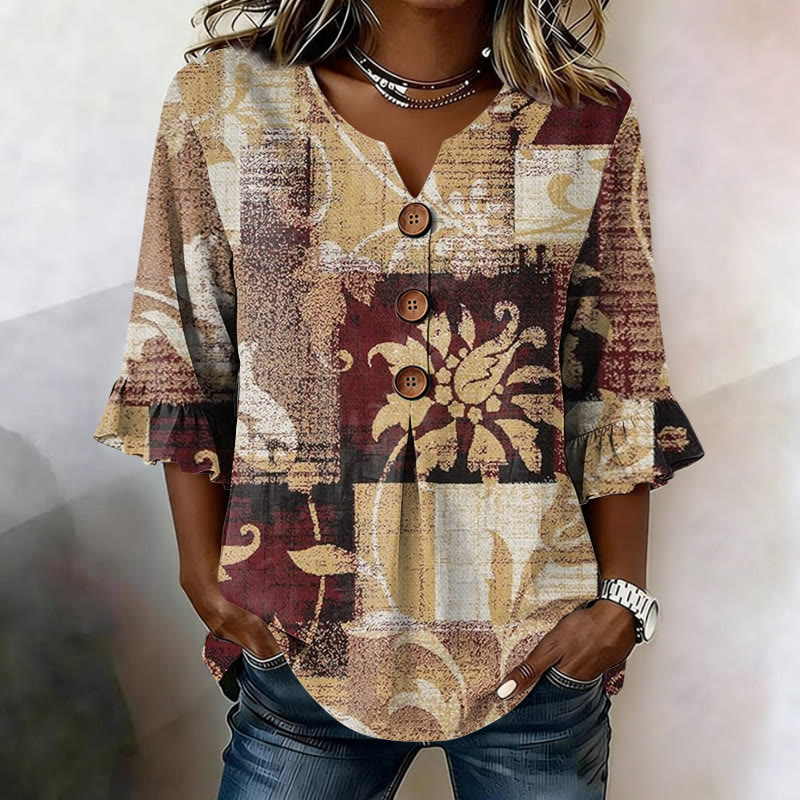 Vintage Ethnic Floral Color Blocks Pattern Print Button V-neck Blouse With Ruffle Sleeves - Red - US 22 (4XL) - image 1
