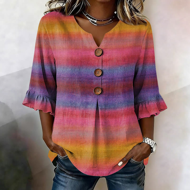 Vintage Oil Painting Gradient Pattern Print Button V-neck Blouse With Ruffle Sleeves - Pink - US32-34(5XL) - image 1