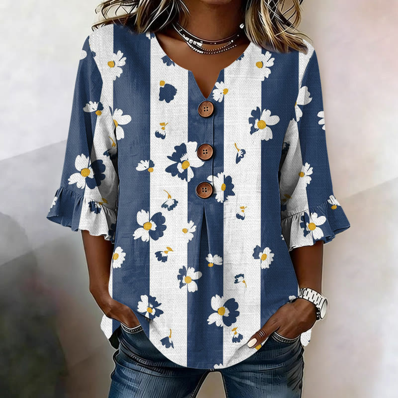 Vintage Striped Daisy Pattern Print Button V-neck Blouse With Ruffle Sleeves - Blue - US32-34(5XL) - image 1