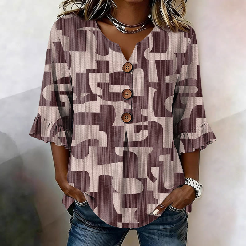 Abstract Geometry Pattern Print Button V-neck Blouse With Ruffle Sleeves - Coffee - US 22 (4XL) - image 2