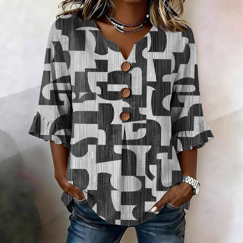 Abstract Geometry Pattern Print Button V-neck Blouse With Ruffle Sleeves - Black - US 22 (4XL) - image 1