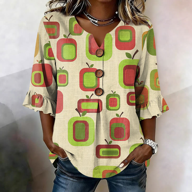 Green Apple Abstract Geometry Pattern Print Button V-neck Blouse With Ruffle Sleeves - Apricot - US 22 (4XL) - image 1