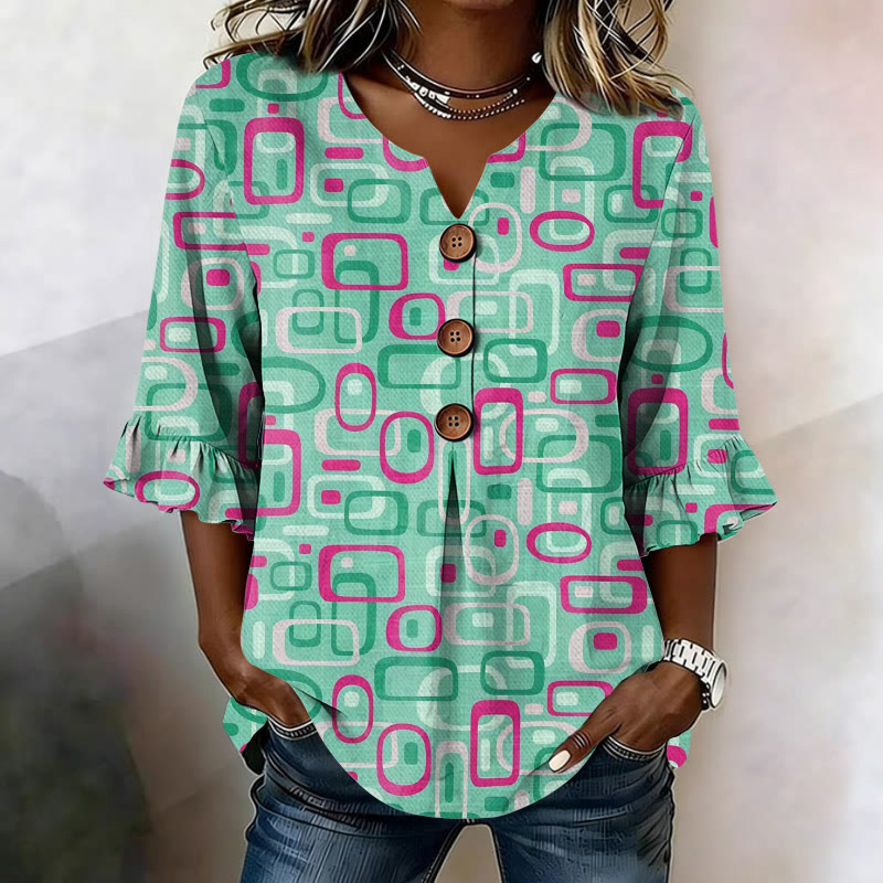 Abstract Geometric Circles Pattern Print Button V-neck Blouse With Ruffle Sleeves - Light Green - US 22 (4XL) - image 2