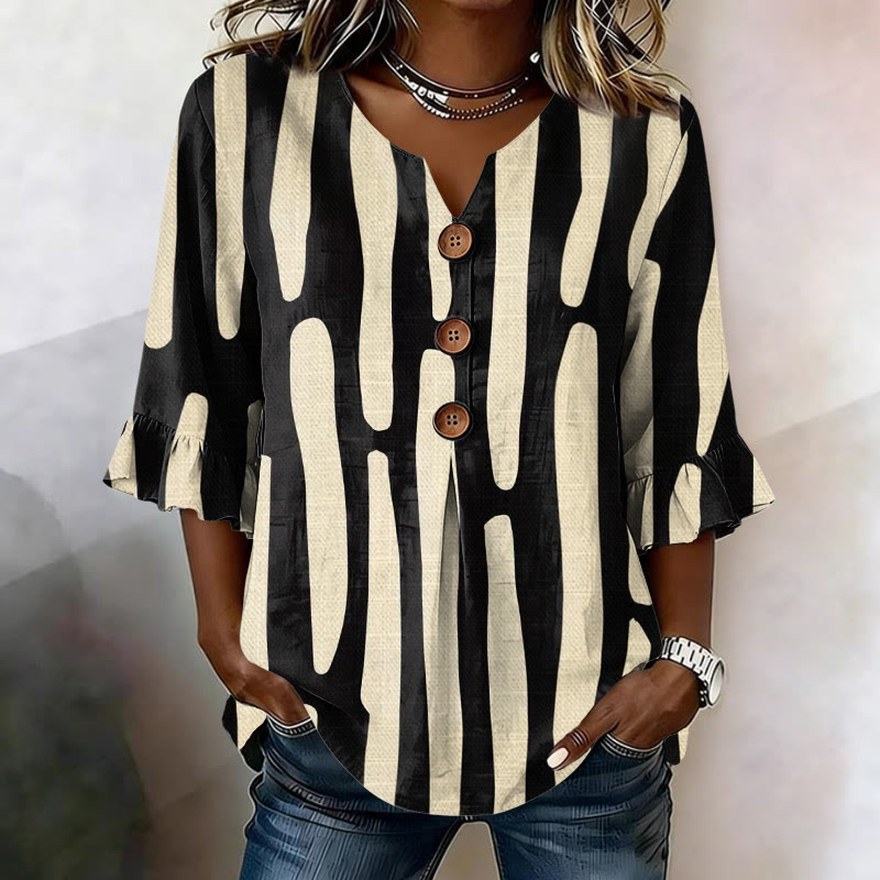 Abstract Geometric Stripes Pattern Print Button V-neck Blouse With Ruffle Sleeves - Black - US 22 (4XL) - image 1
