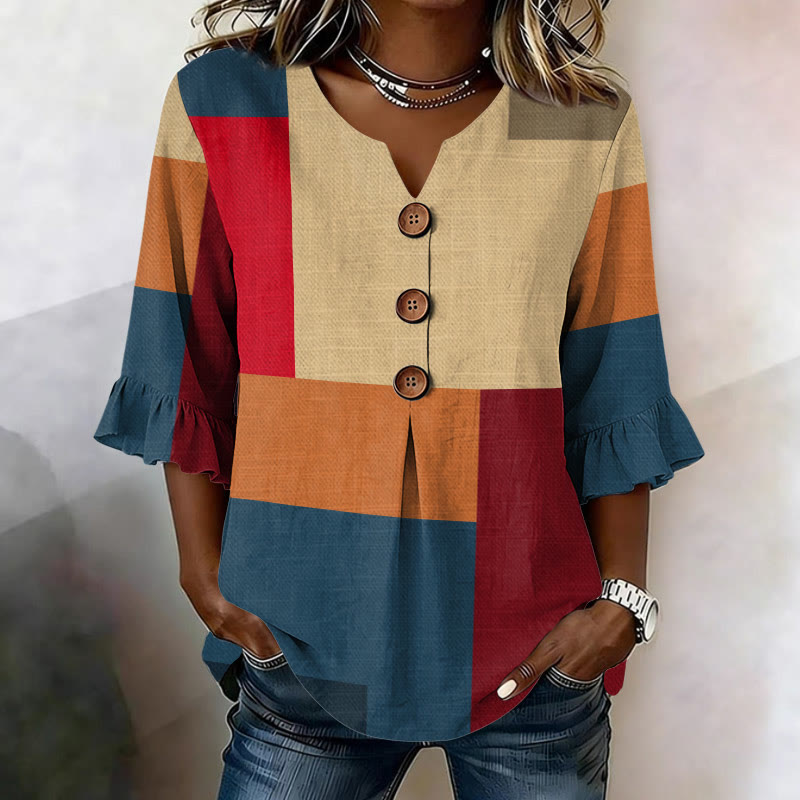 Vintage Contrasting Color Blocks Pattern Print Button V-neck Blouse With Ruffle Sleeves - Apricot - US32-34(5XL) - image 1