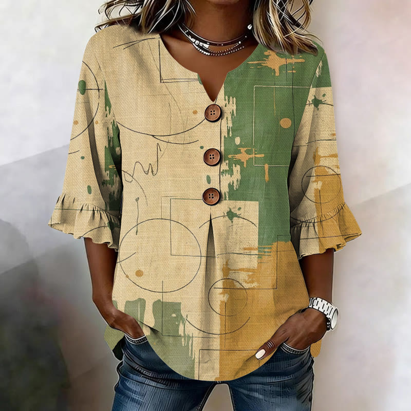 Rational Geometric Graffiti Pattern Print Button V-neck Blouse With Ruffle Sleeves - Apricot - US32-34(5XL) - image 1