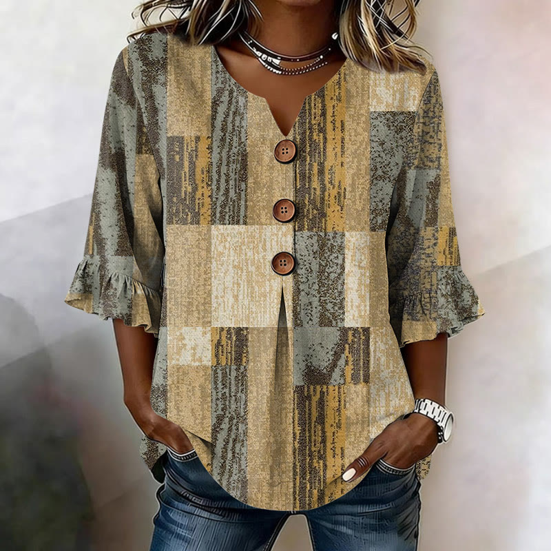 Vintage Color Block Texture Pattern Print Button V-neck Blouse With Ruffle Sleeves - Yellow - US 22 (4XL) - image 2