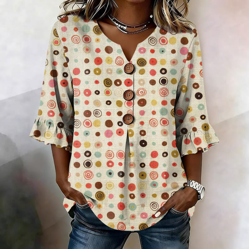 Vintage Colorful Polka-dot Circles Pattern Print Button V-neck Blouse With Ruffle Sleeves - Apricot - US32-34(5XL) - image 1