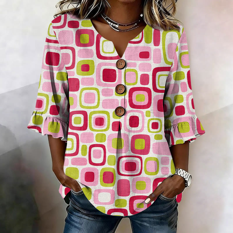 Vintage Color-block Squares Pattern Print Button V-neck Blouse With Ruffle Sleeves - Pink - US 22 (4XL) - image 1