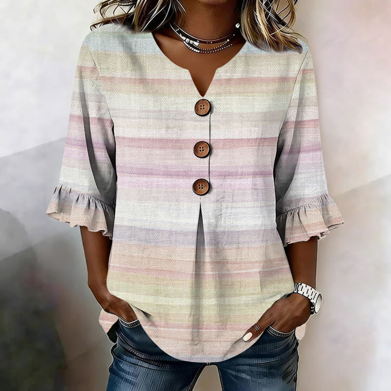 Vintage Sunset Gradient Stripes Pattern Print Button V-neck Blouse With Ruffle Sleeves - Pink - US 22 (4XL) - image 1