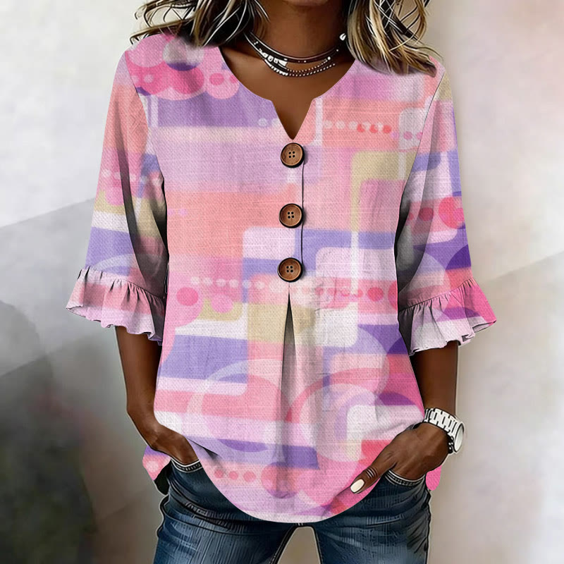 Vintage Gouache Polka-dot Color Blocks Pattern Print Button V-neck Blouse With Ruffle Sleeves - Pink - US32-34(5XL) - image 1