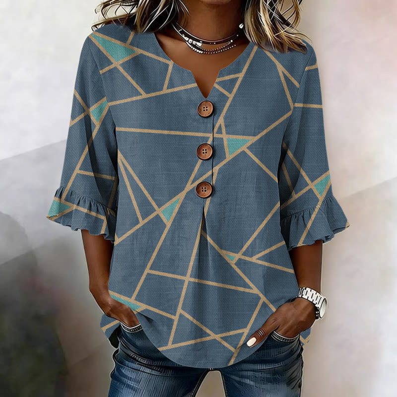 Elegant Marble Lines And Color Blocks Pattern Print Button V-neck Blouse With Ruffle Sleeves - Blue - US32-34(5XL) - image 1