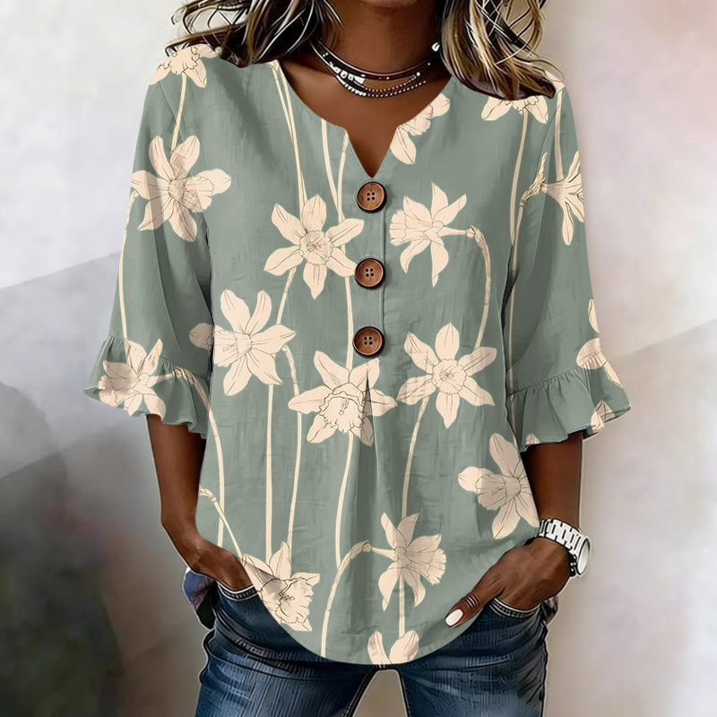 Casual Chic Floral Print Button V-neck Blouse With Ruffle Sleeves - Green - US 22 (4XL) - image 1