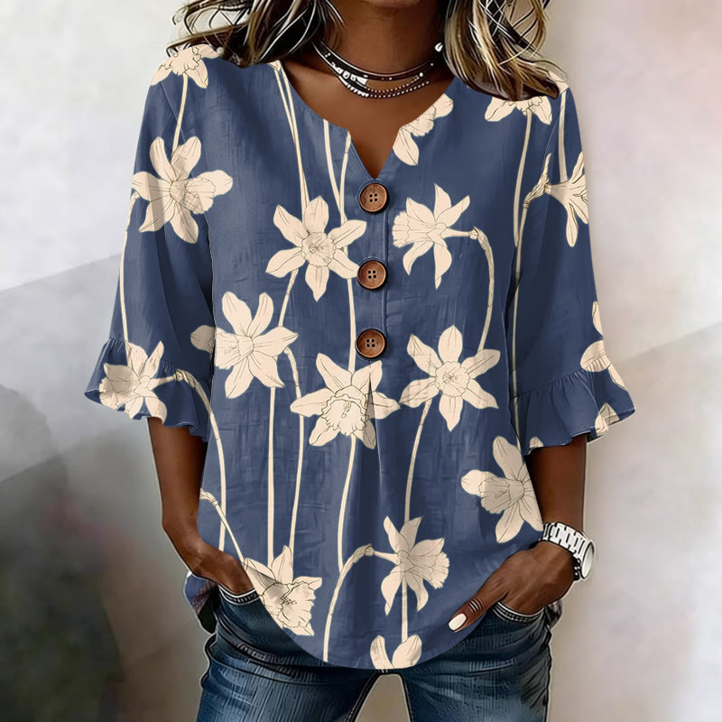 Casual Chic Floral Print Button V-neck Blouse With Ruffle Sleeves - Blue - US 22 (4XL) - image 2