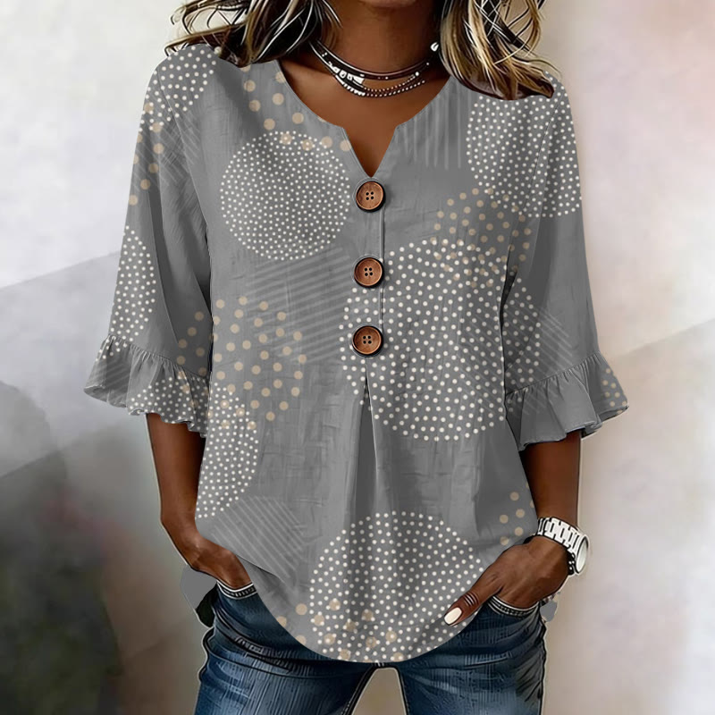 Geometric Shapes Print Button V-neck Blouse With Ruffle Sleeves - Grey - US 22 (4XL) - image 1