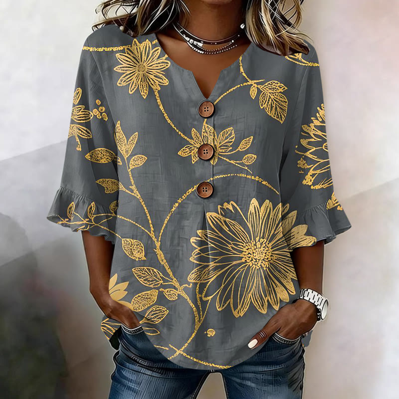 Women's Elegant Floral Leaf Print Button V-neck Blouse With Ruffle Sleeves - Grey - US32-34(5XL) - image 1