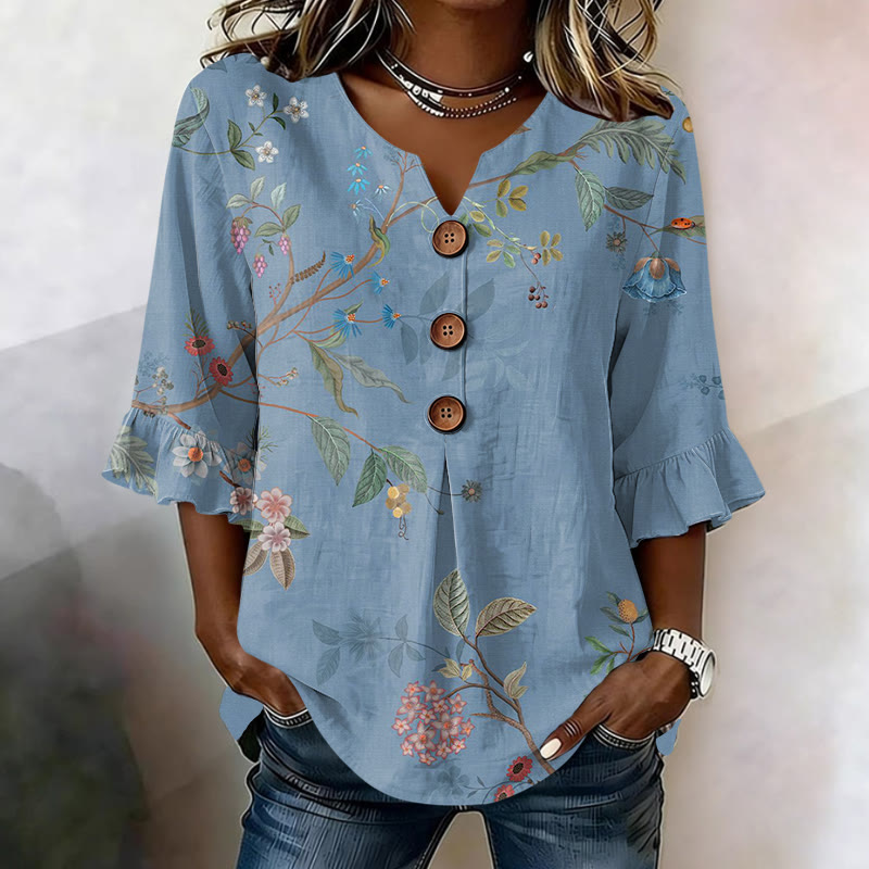 Chic Nature-inspired Print Button V-neck Blouse With Ruffle Sleeves - Blue - US 22 (4XL) - image 1