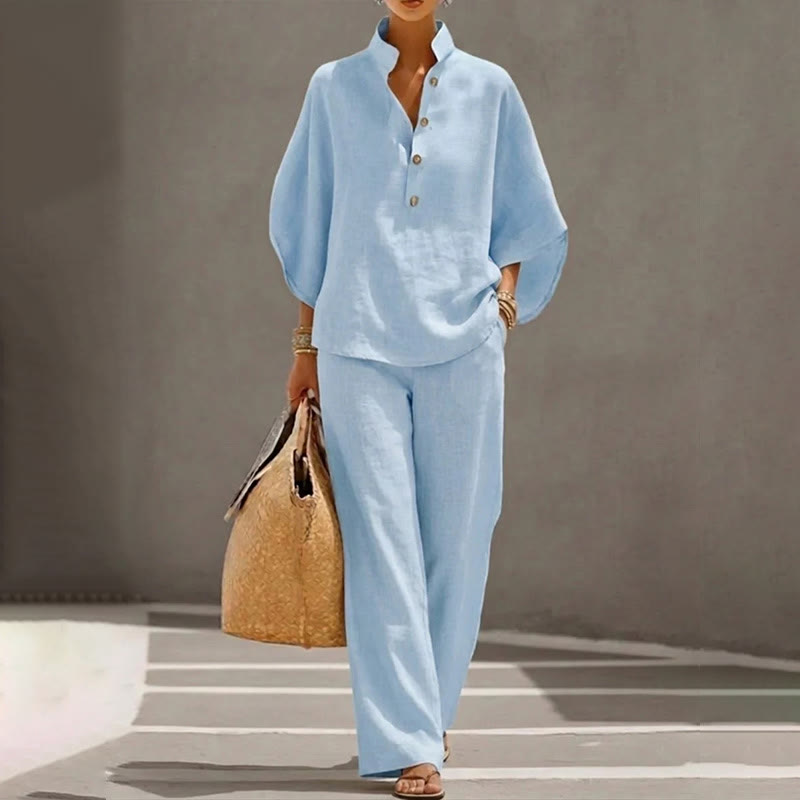 Casual Solid Loose-fitting 3/4 Sleeve Blouse&wide-leg Pants Set - Light Blue - 5XL - image 2