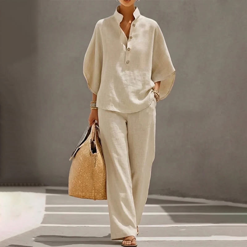 Casual Solid Loose-fitting 3/4 Sleeve Blouse&wide-leg Pants Set - Khaki - 5XL - image 1