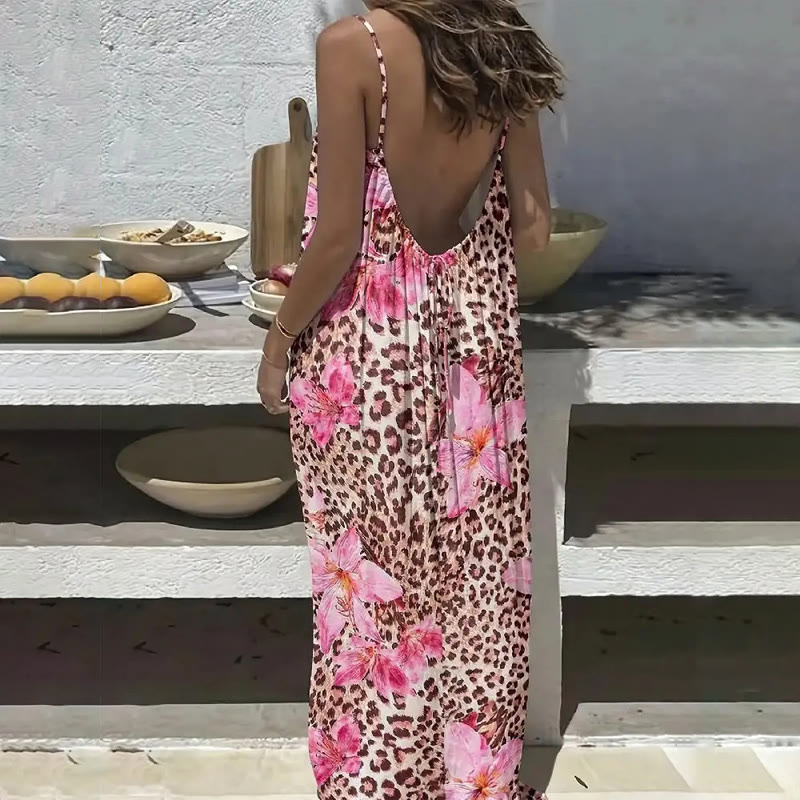 Tropical Leopard Floral Print Drawstring Open Tie-back Beach Maxi Dress - Pink - 5XL - image 1