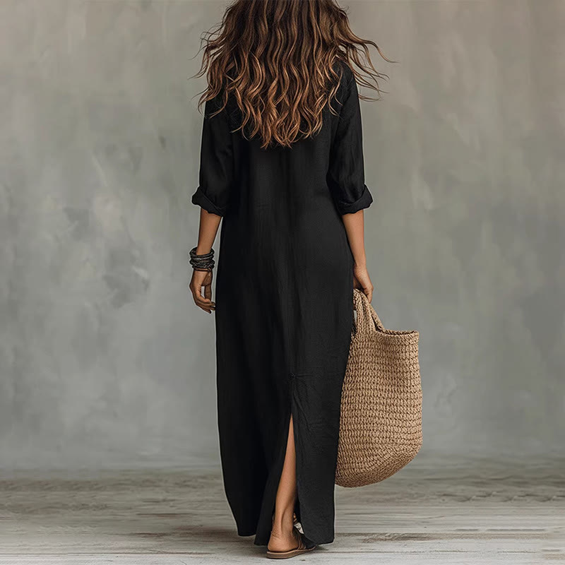 Casual Solid V-neck Lapel Long-sleeve Maxi Dress With Front Slit - image 2