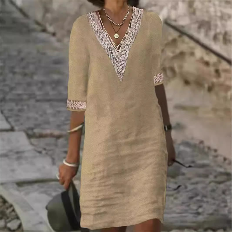 Elegant Solid V-neck Lace Half-sleeve Midi Dress - Khaki - 4XL - image 2