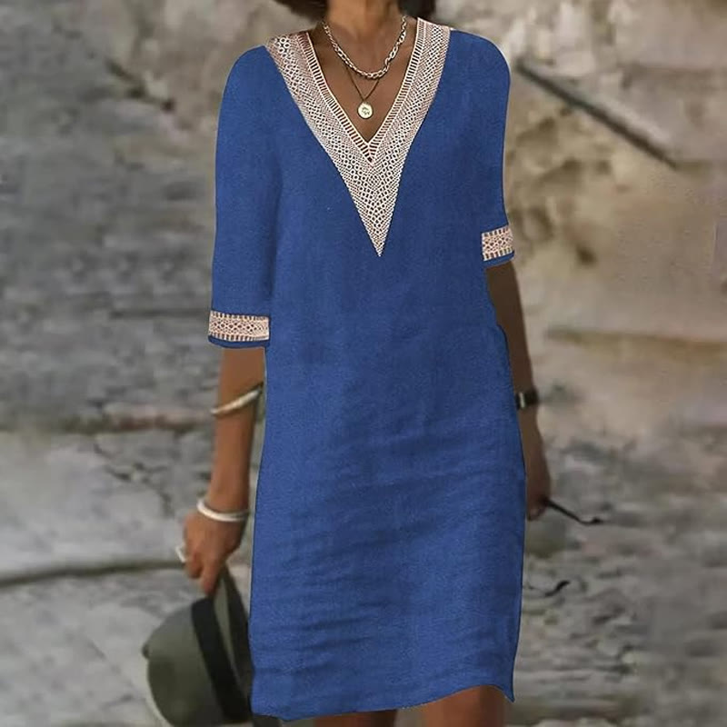 Elegant Solid V-neck Lace Half-sleeve Midi Dress - Blue - 4XL - image 1