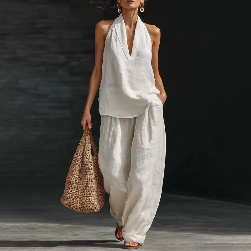 Cozy Loose-fitting Solid Lapel Halter-neck Sleeveless Top&pants Set - White - 5XL - image 1