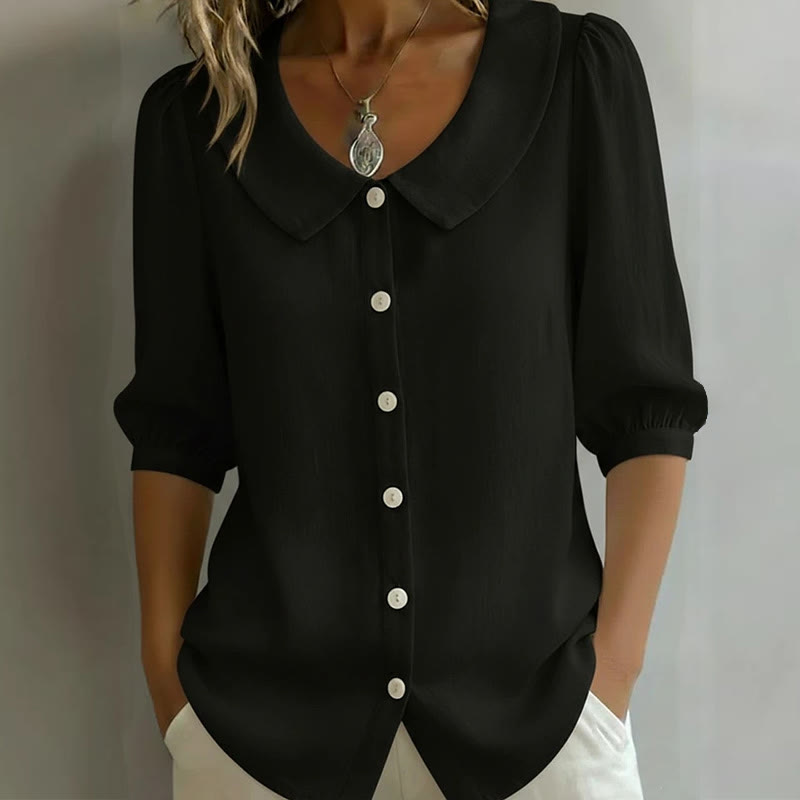 Elegant Solid Collared Button-up Half-sleeve Blouse - Black - 3XL - image 2