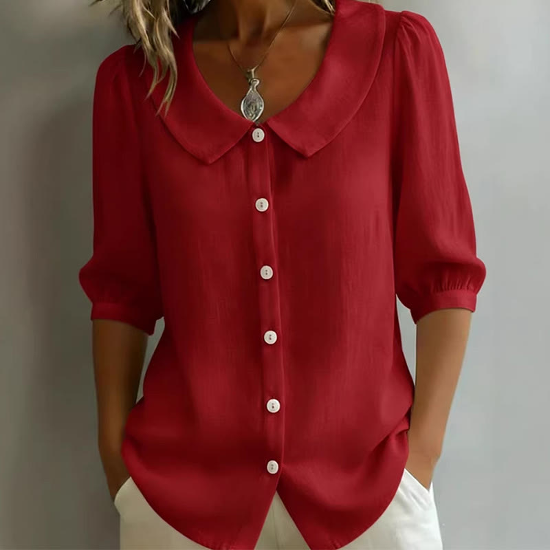 Elegant Solid Collared Button-up Half-sleeve Blouse - Red - 3XL - image 1