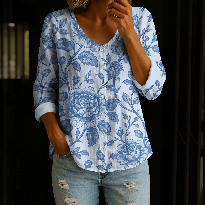 Vintage Peony Vines Sketch Art Pattern Print Button V-neck A-line Long Sleeve Blouse - Blue - 4XL - image 1