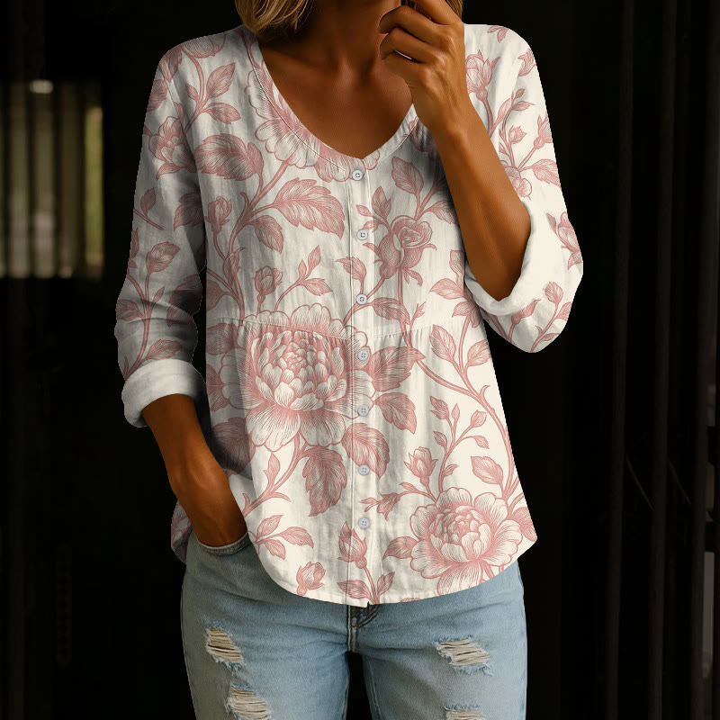 Vintage Peony Vines Sketch Art Pattern Print Button V-neck A-line Long Sleeve Blouse - Red - 4XL - image 2