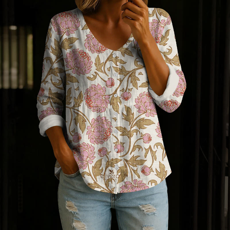 Vintage Peony Bud Vines Art Pattern Print Button V-neck A-line Long Sleeve Blouse - Olive Green - 4XL - image 2