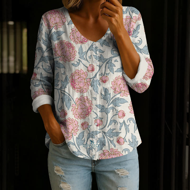 Vintage Peony Bud Vines Art Pattern Print Button V-neck A-line Long Sleeve Blouse - Blue - 4XL - image 1