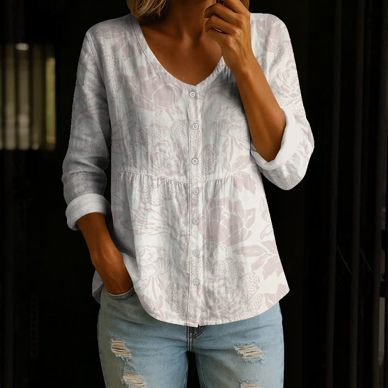 Vintage Peony Texture Pattern Print Button V-neck A-line Long Sleeve Blouse - Light Pink - 4XL - image 2
