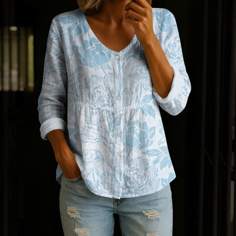Vintage Peony Texture Pattern Print Button V-neck A-line Long Sleeve Blouse - Blue - 4XL - image 1