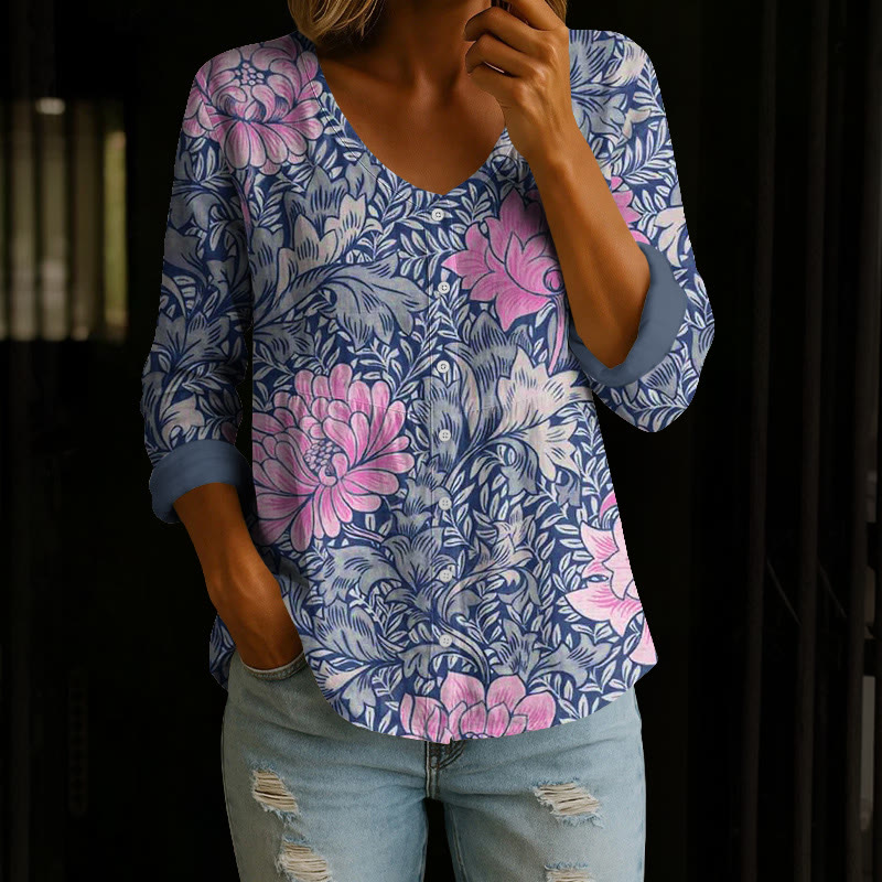Vintage Magnificent Peony Vines Pattern Print Button V-neck A-line Long Sleeve Blouse - Purple - 4XL - image 1