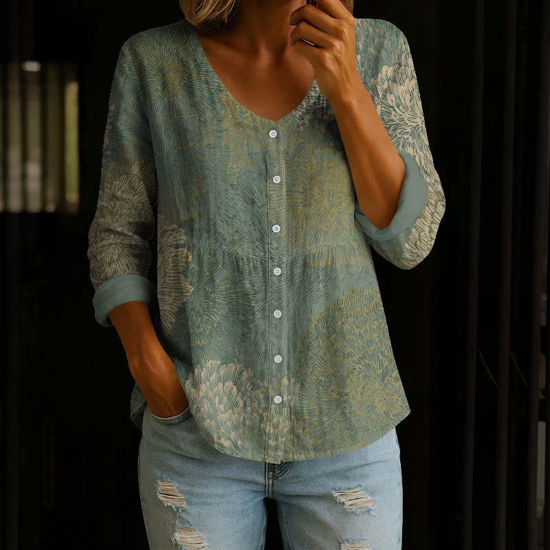 Vintage Chrysanthemum Line Art Pattern Print Button V-neck A-line Long Sleeve Blouse - Green - 4XL - image 2